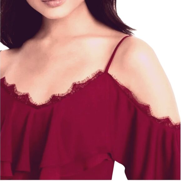 Size Small White House Black Market Dark Red Cold-Shoulder Lace Trim Top Blouse - Picture 3 of 8